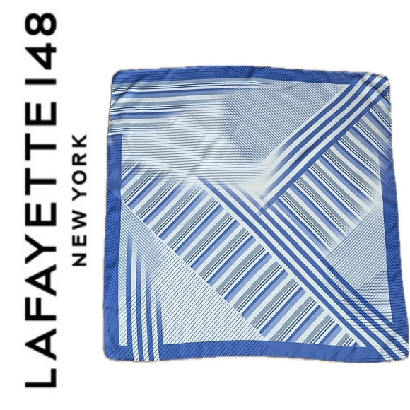 💙Blue Stripe Square Silk Neck Hair Scarf by Lafayette 148 - Picture 17 of 17